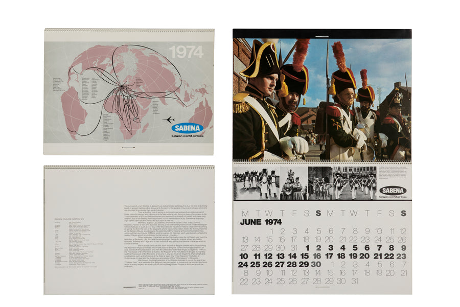 Calendar SABENA 1974 (42 cm x 30 cm ) Le Folklore en Belgique - "The rich folklore in a country as industrialized as Belgium"