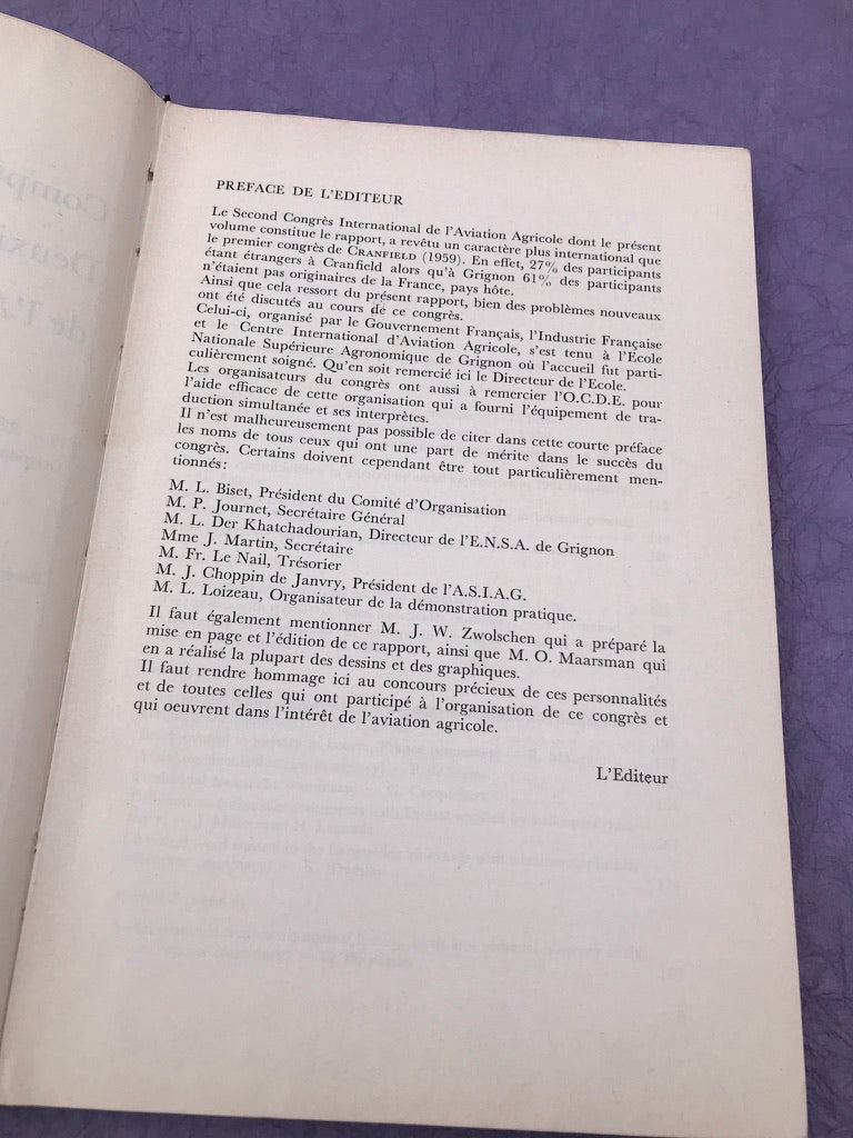 Deuxième Congrès International de L'Aviation Agricole — 19-22 septembre 1962 —