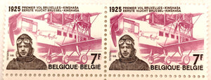 Deux timbres belges de 7 francs, commémorant le premier vol Bruxelles - Léopoldville ( actuelle Kinshasa ) en 1925