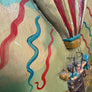 Grand panneau décoratif « GEO BLUNT’S BALLOON FLIGHT – RICHMOND 1816 », bois sculpté et peint, montgolfière en relief (vers 1970-1990)