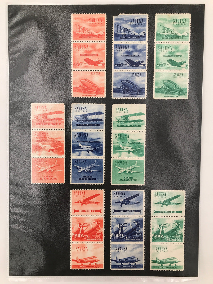 Lot de vingt - sept timbres commémoratifs de la Sabena à l'occasion des 25 ans de la compagnie
