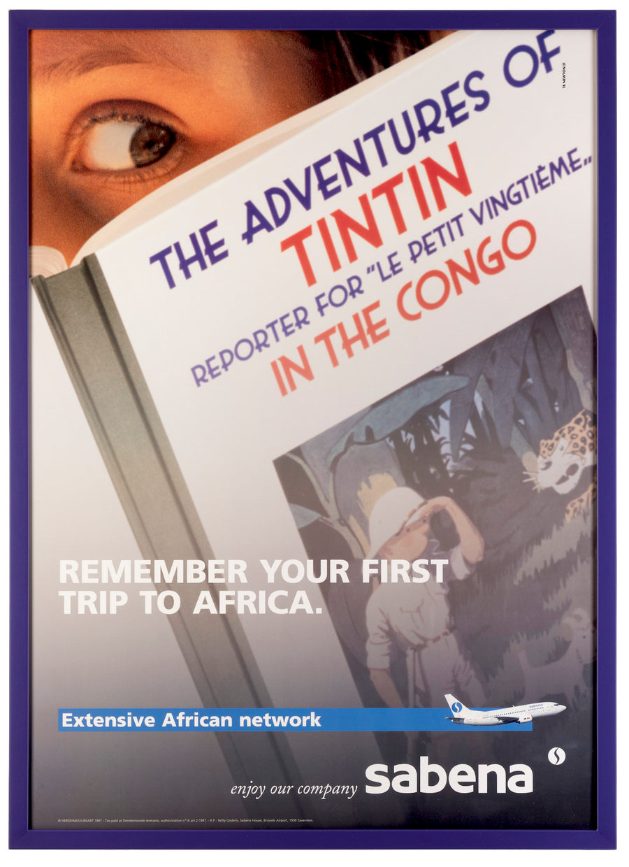 AFFICHE SABENA REMEMBER YOUR FIRST TRIP TO AFRICA. The Adventures of Tintin Reporter for "Le Petit Vingtième" in the Congo