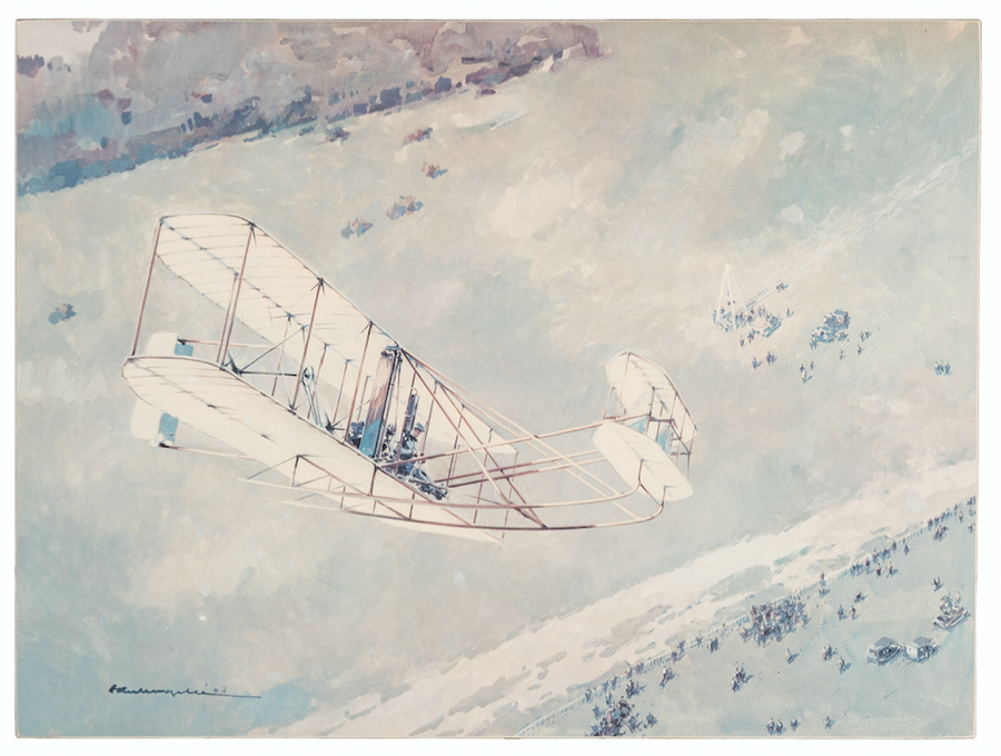Wilbur Wright flying over the Hunaudières near Le Mans ( 1908 )- impression d'une peinture à la gouache -