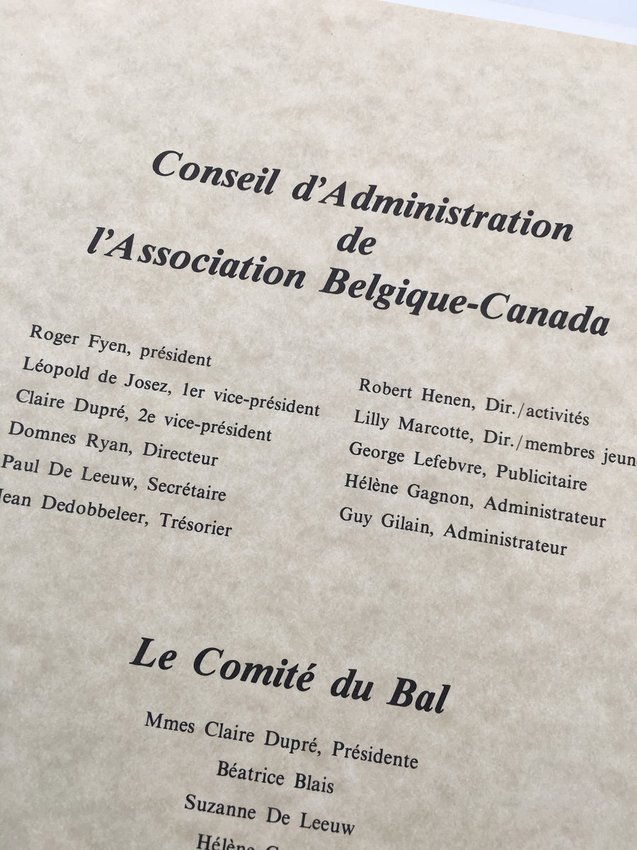 Menu pour le Bal du 50ème Anniversaire de l'Association Belgique - Canada ( 1937 - 1987 )