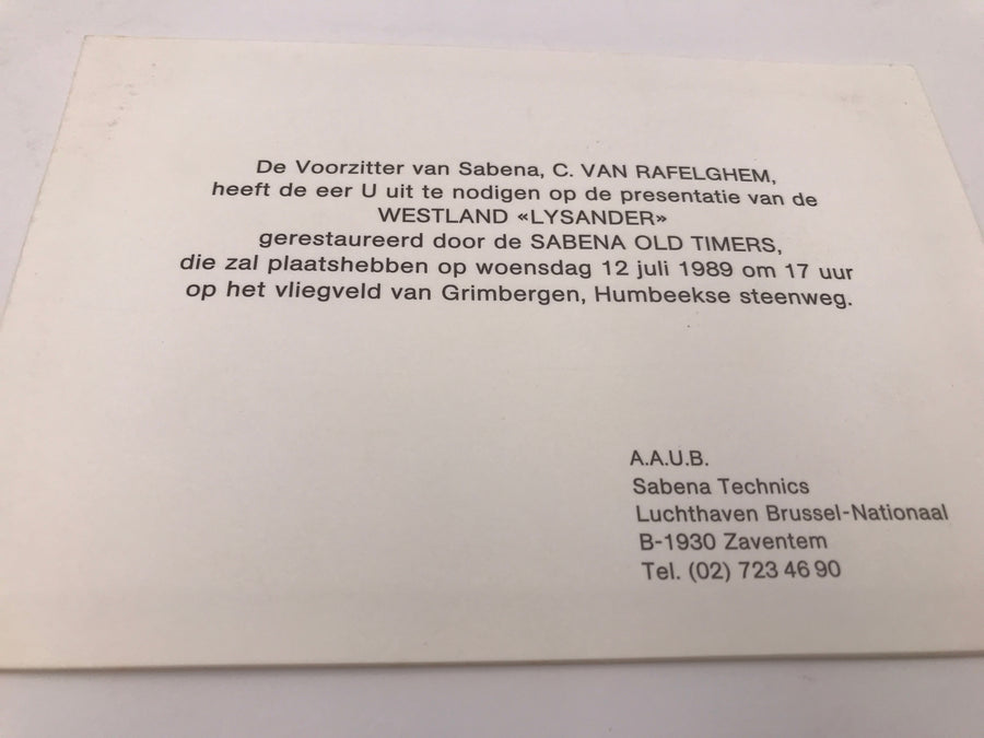 WESTLAND " LYSANDER "  00 - SOT + carton d'invitation par le Président de la Sabena, C. VAN RAFELGHEM pour assister à la présentation du WESTLAND " LYSANDER"...