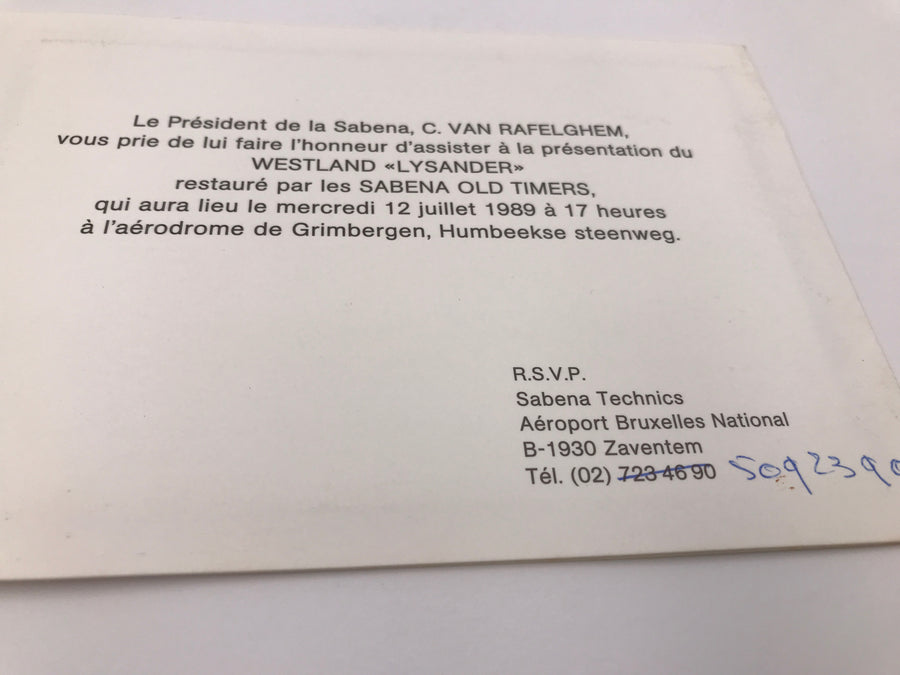 WESTLAND " LYSANDER "  00 - SOT + carton d'invitation par le Président de la Sabena, C. VAN RAFELGHEM pour assister à la présentation du WESTLAND " LYSANDER"...