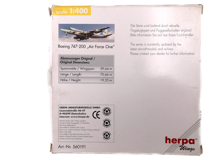 **DIE-CAST METAL MODEL** U.S.A. AIR FORCE BOEING 747-200 « AIR FORCE ONE » [HERPA WINGS]