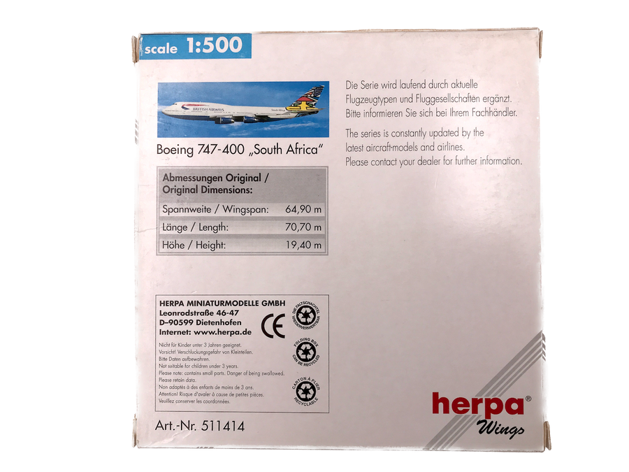 **DIE-CAST METAL MODEL** BRITISH AIRWAYS BOEING 747-400 « SOUTH AFRICA » [HERPA WINGS]